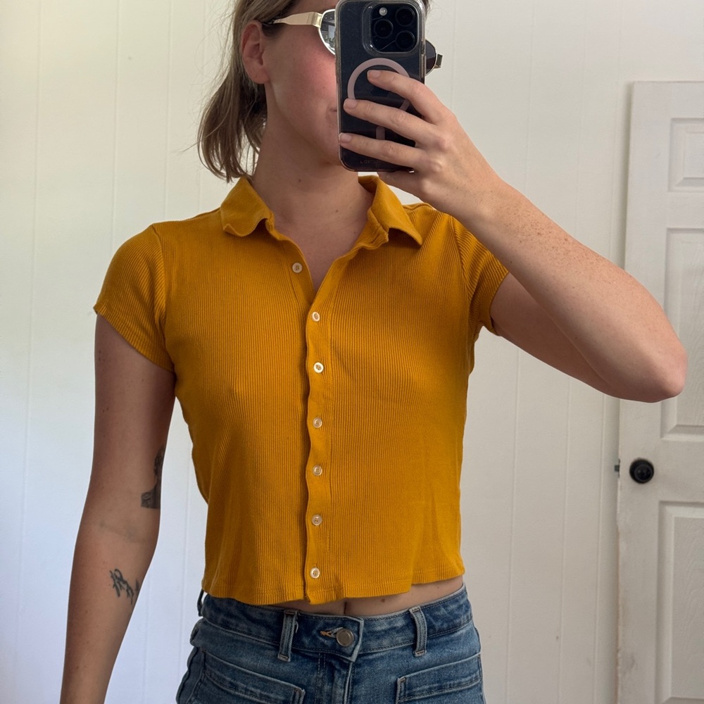 Planet Gold Yellow Polo Collar Crop Top